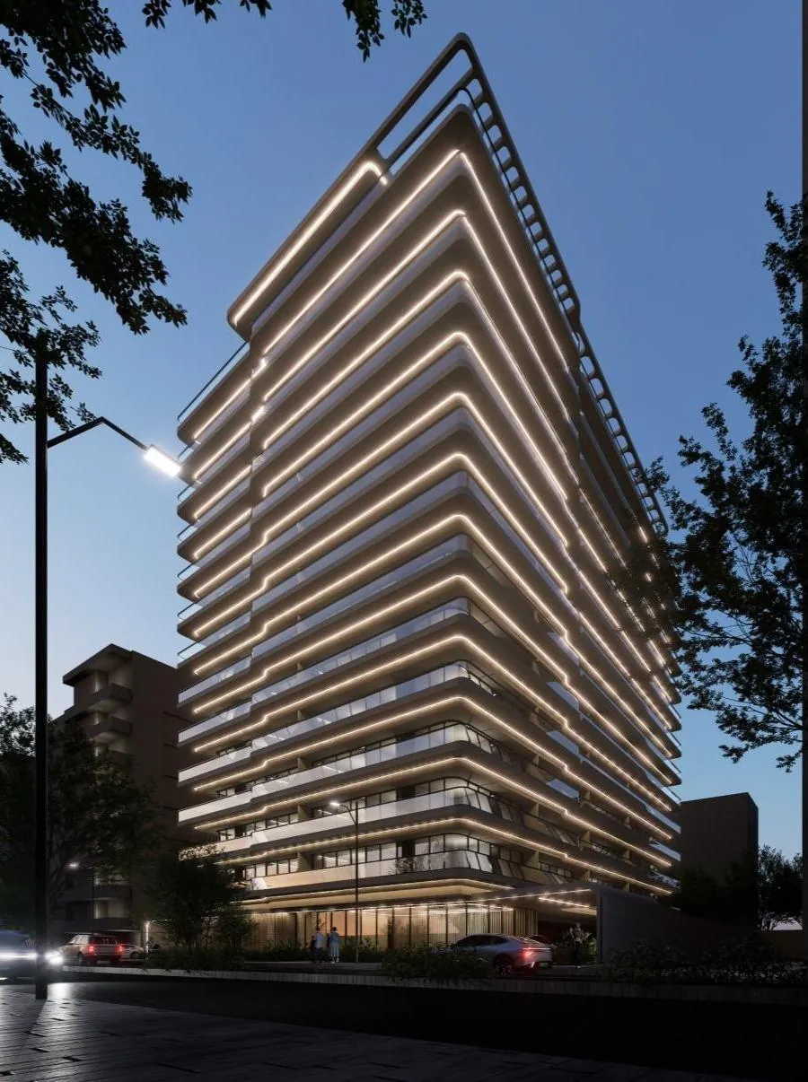 Render nocturno del edificio Apartamentos Cabrera