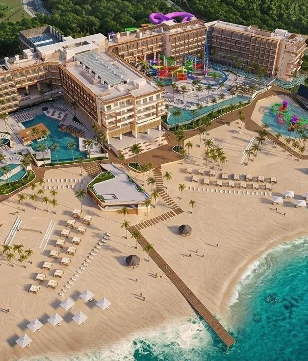 Render aéreo de Joy Resort Barú frente al mar Caribe
